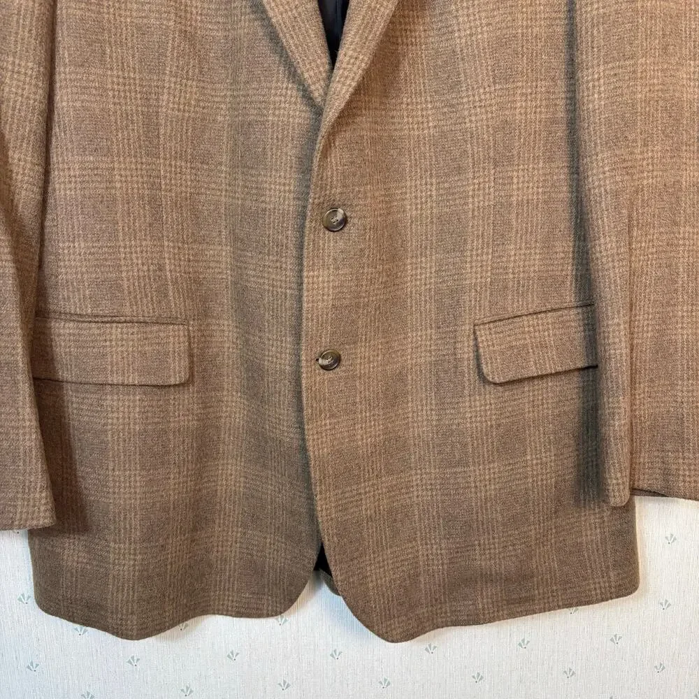 Jos a Bank 100% Camel Hair Sport Coat Size 46L Glen Plaid Brown Travel Business